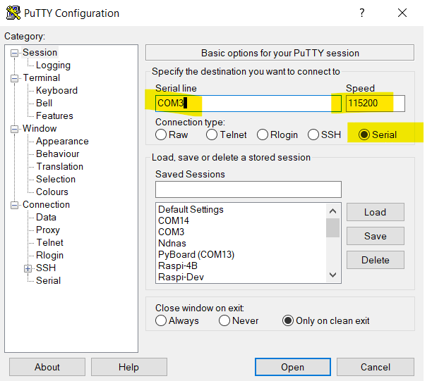 Creating a Putty serial connection
